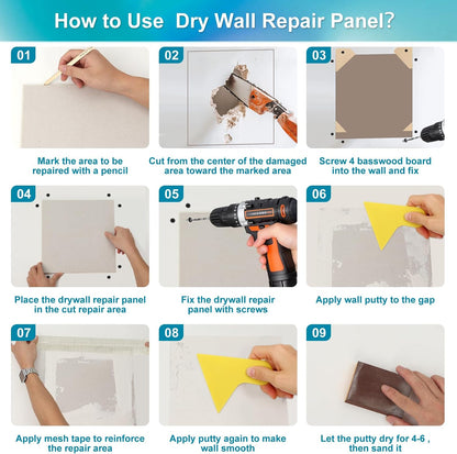 Drywall Repair Kit with 12"x12" Dry Wall Repair Panel, 33-in-One Drywall Patch Kit Wall Patch Repair Kit with Spackle, Mesh Tape, Putty Knives & Sanding Block for Wall Surface Ceiling Large Hole Fill