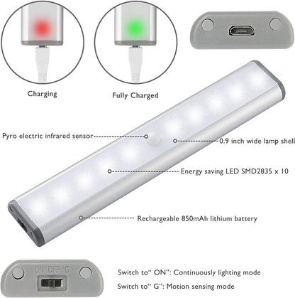 Wireless Motion Sensor Cabinet Lights 10-LED USB Rechargeable Closet Lights LED Under Cabinet Lighting for Wardrobe/Drawer/Stairs/Cupboard/Counter/Pantry/Stairs,Stick On Anywhere,2 Pack,White Light