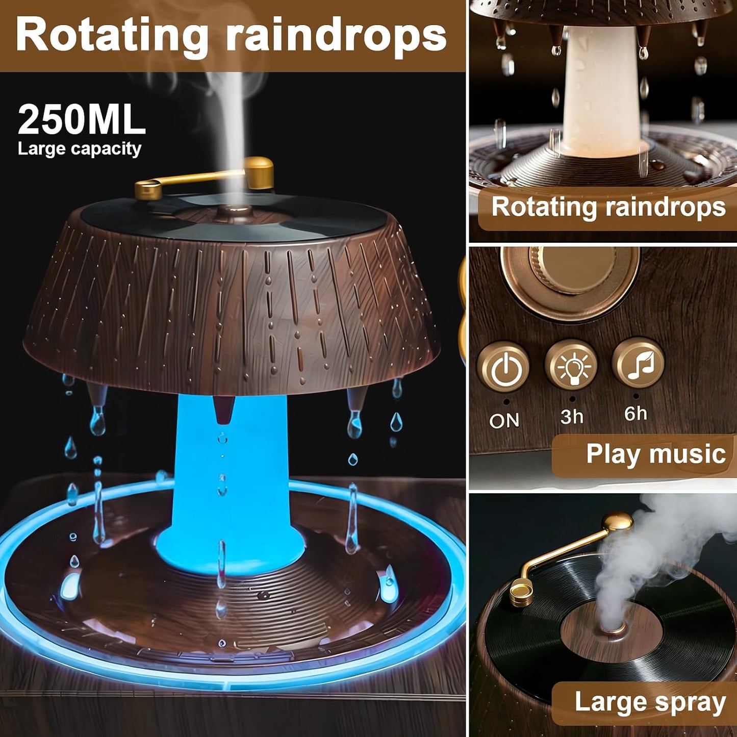 Morbou Raindrop Aroma Diffuser Room Humidifier with White Noise, 7-Color Air Mist Essential Oil Diffuser Sleep Sounds Aroma Rain Drop, with Remote Control (Brown)