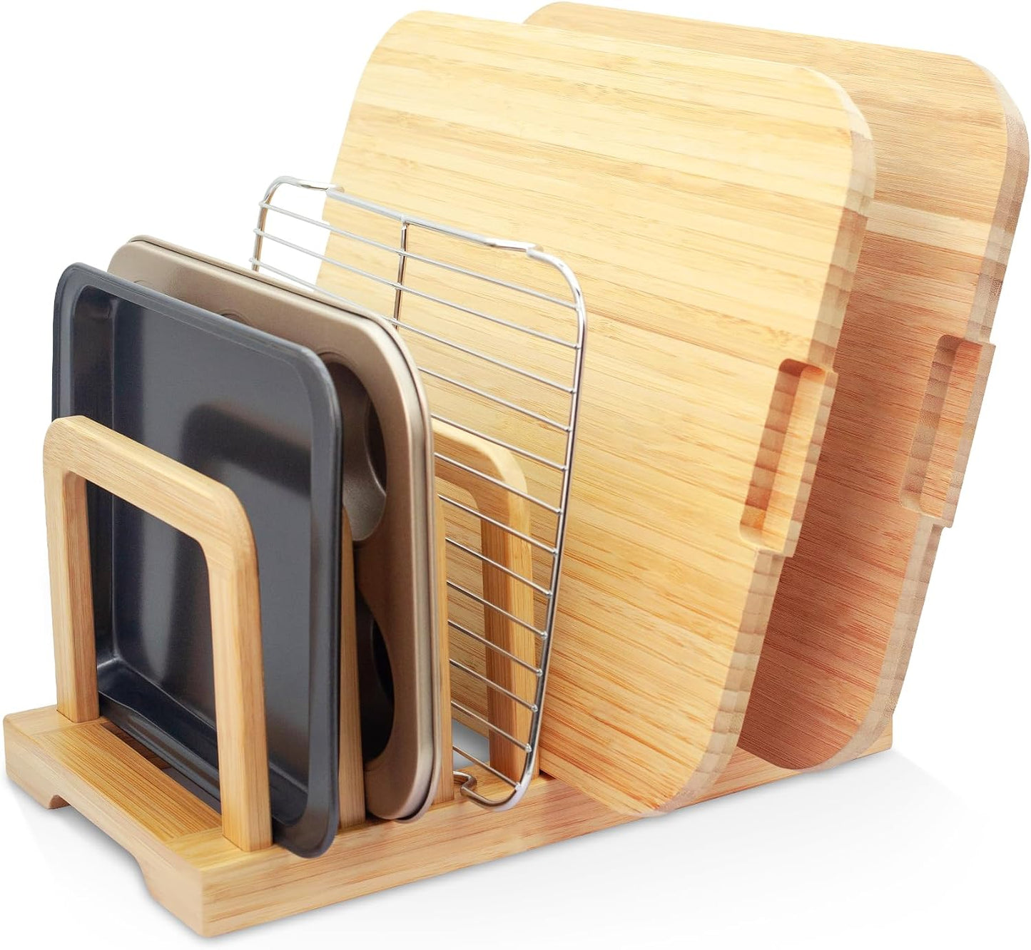 MinBoo Bamboo 5-Slot Adjustable Cutting Board Rack & Bakeware Organizer with Non-Slip Pads for Kitchen Storage,Small