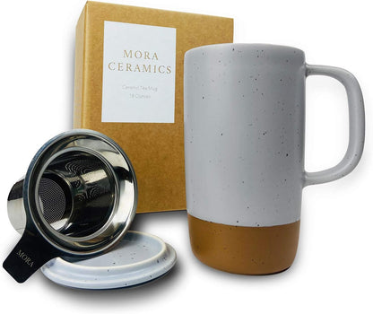 Mora Ceramics Large Tea Mug with Loose Leaf Infuser and Ceramic Lid, 18 oz, Portable, Microwave and Dishwasher Safe, Tall Coffee Cup - Rustic Matte Ceramic Glaze, Modern Herbal Tea Strainer, Olive