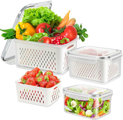 8 Pieces Fruit Storage Containers for Fridge with Lids and Strainer | 4Pack Fruit Containers for Fridge, Fresh Produce Saver Keeper for Vegetable Fruit Salad, BPA Free Organizer for Refrigerator