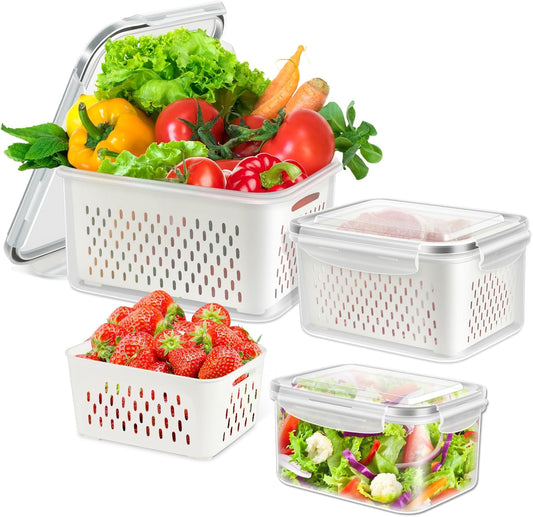 8 Pieces Fruit Storage Containers for Fridge with Lids and Strainer | 4Pack Fruit Containers for Fridge, Fresh Produce Saver Keeper for Vegetable Fruit Salad, BPA Free Organizer for Refrigerator