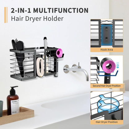 FUNKYLEE Hair Tool Organizer, 3 in 1 Metal Hair Dryer Holder Wall Mounted for Flat Iron, Curling Iron, Straightener, Styling Tools Bathroom Storage and Organizer (Black)
