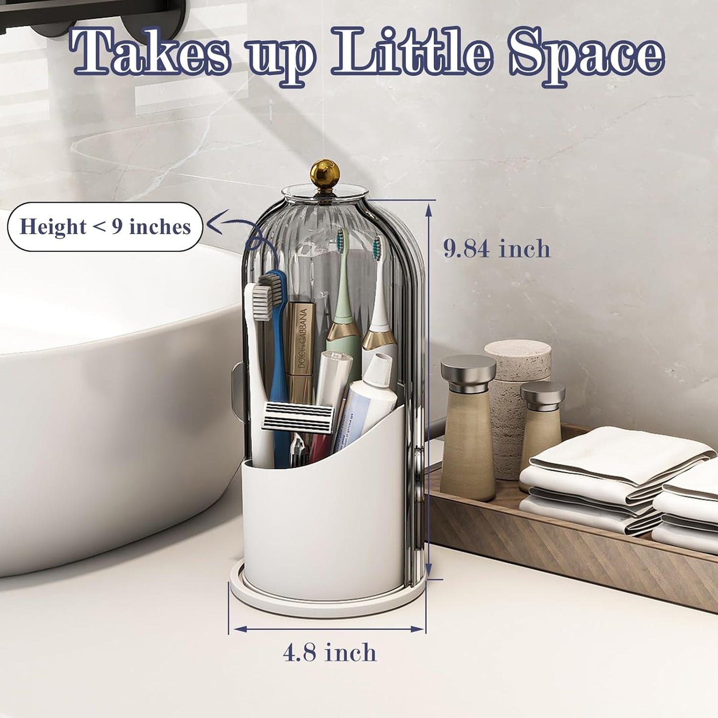 Toothbrush and Toothpaste Holders with Cover, Grey White | Waterproof and Dustproof, 360° Rotating Base, Smooth Sliding Door, 3 Slots, for Bathroom Countertop