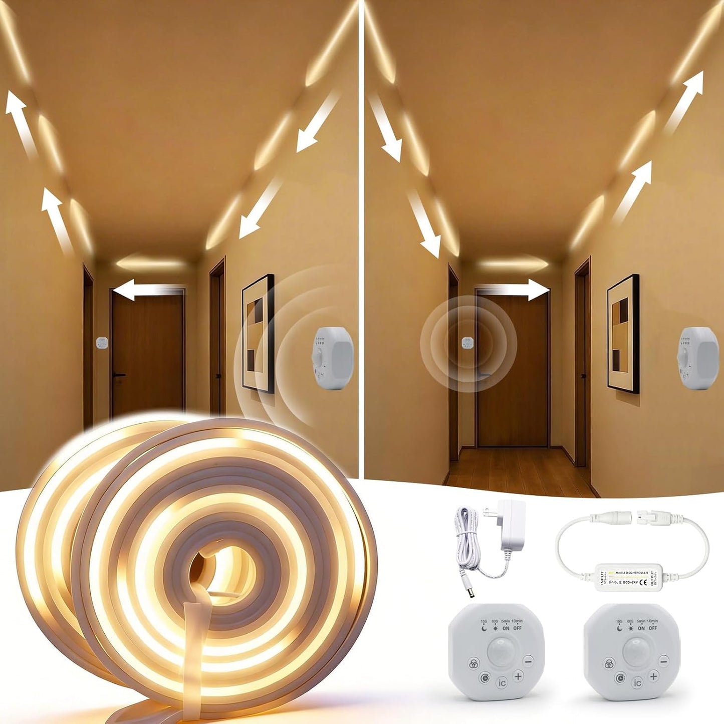 Motion Sensor LED Strip Lights - Chasing Effect Auto ON/Off for Stairs, Bedroom, Under Cabinet - 16.4ft White, Intelligent Motion Sensor Stair Lights