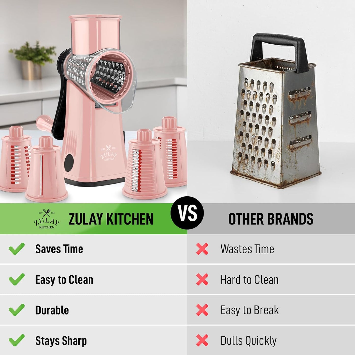 Zulay Kitchen Rotary Cheese Grater 5 Blade Cheese Shredder - Manual Hand Crank Cheese Grater With Reinforced Suction & 5 Interchangeable Drums - Easy to Use, Vegetable Chopper Round Mandoline Slicer - Colors A