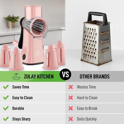 Zulay Kitchen Rotary Cheese Grater 5 Blade Cheese Shredder - Manual Hand Crank Cheese Grater With Reinforced Suction & 5 Interchangeable Drums - Easy to Use, Vegetable Chopper Round Mandoline Slicer - Colors A
