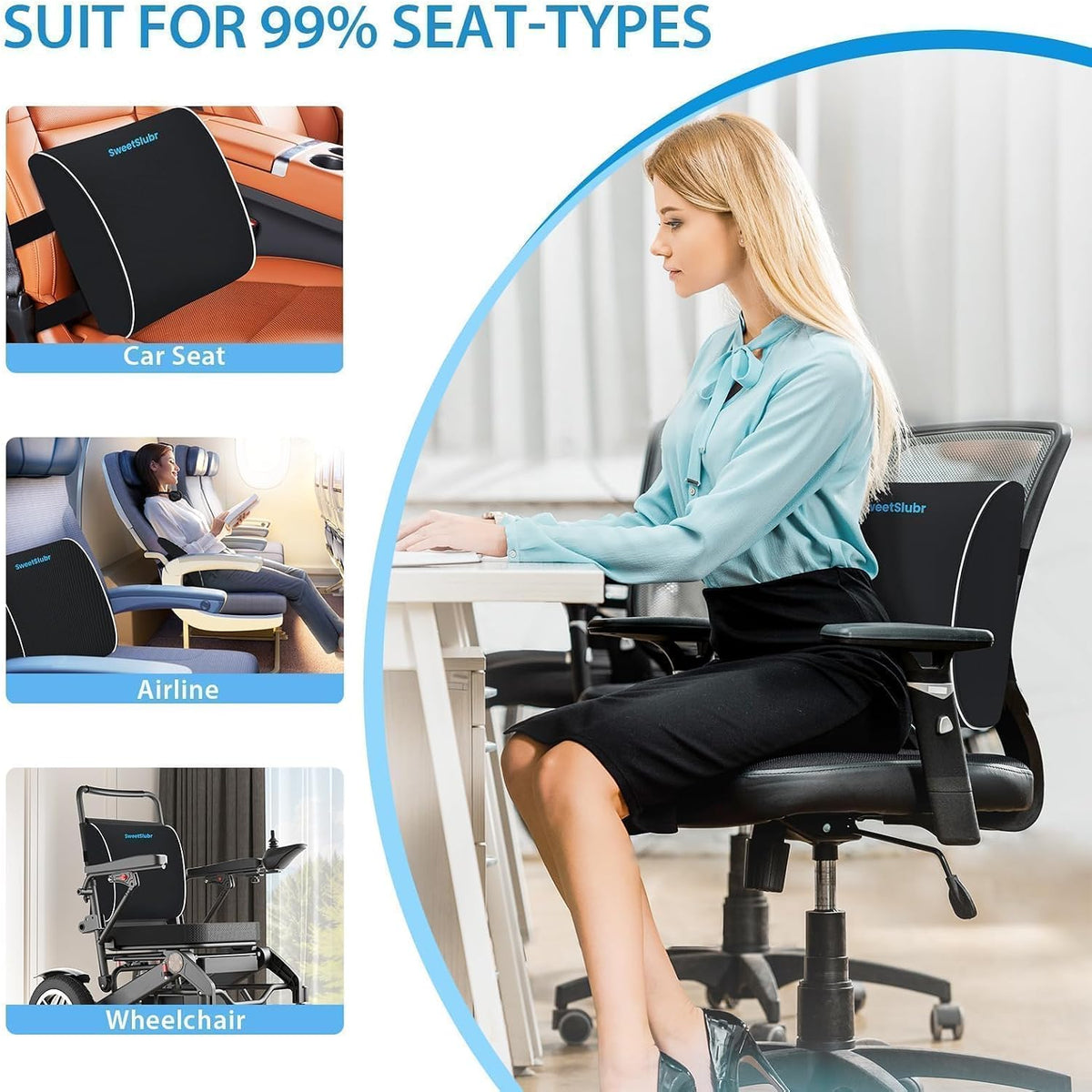 SweetSlubr Lumbar Support Pillow for Office Chair,Back Support(Black,Large)