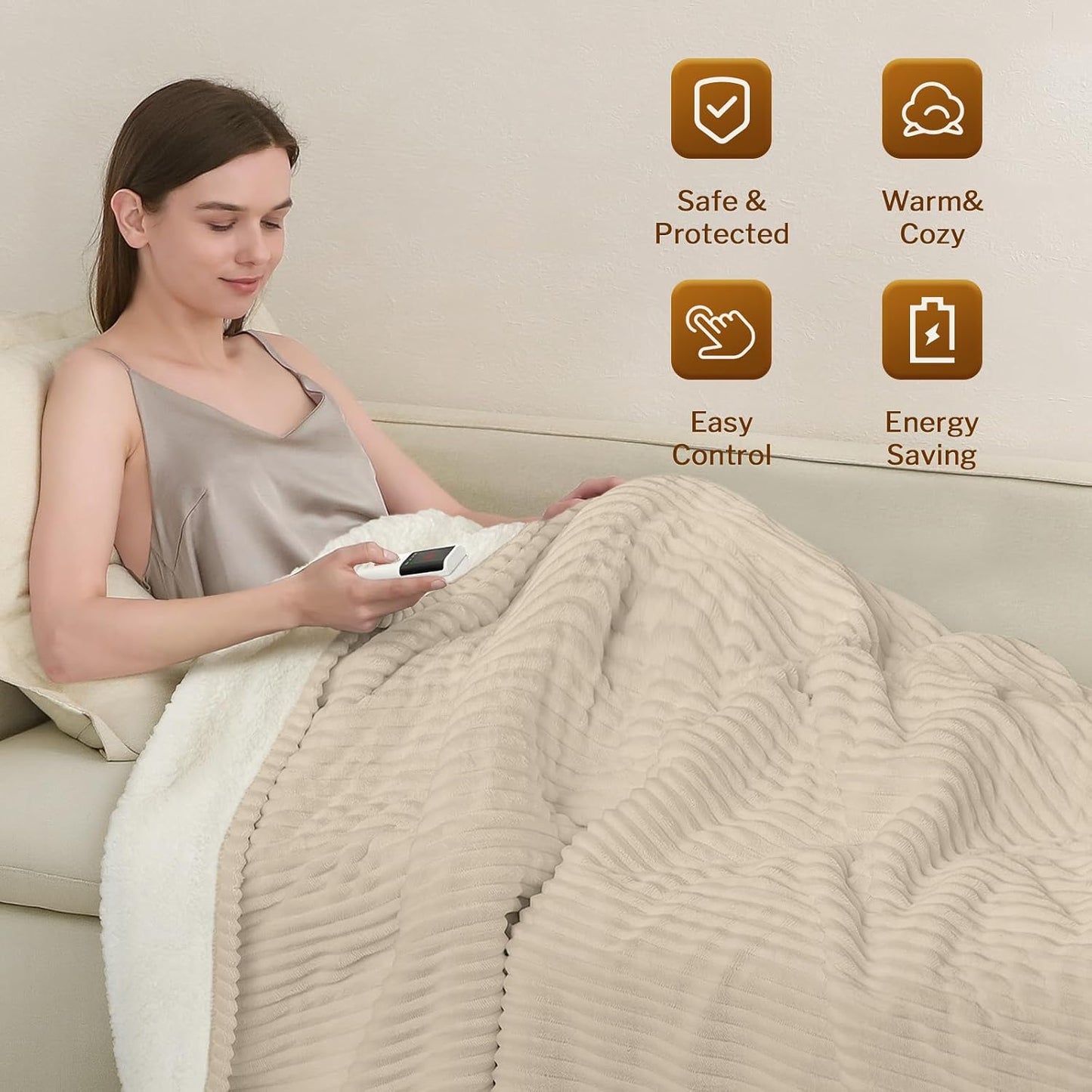 Heated Throw Blanket, 5 Heat Levels, 3 Hours Auto-Off, White | ETL & FCC certified, 50" × 60", OEKO-TEX fabric, machine washable, 100W low energy