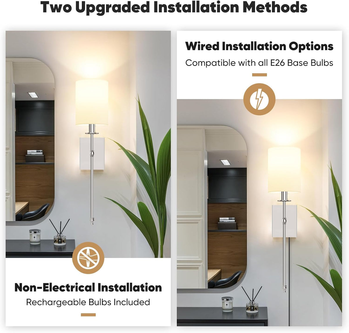 Battery Operated Wall Sconces Set of 2, Rechargeable Sconces with Remote