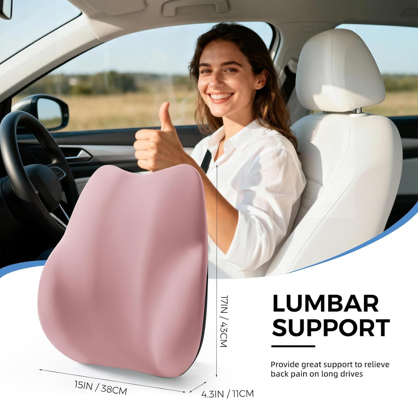 BEBAS Ergonomic Lumbar Support Pillow for Car, Memory Foam Car Back Cushion | Comfort Lumbar Pillow for Back Pain Relief, Breathable Washable Cover, Fits for Driving, Office, Wheelchair, Black
