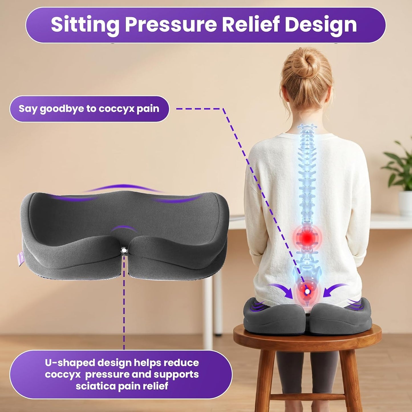 ZZ-WELL Seat Cushions for Office Chairs, Coccyx Cushion for Tailbone Pain, Memory Foam Butt Pillows for Computer Gaming Chair, Patented Pressure Relief Design Chair Cushion (Light Grey, XX-Large)
