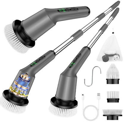 Electric Spin Scrubber for Bathroom, Shower Scrubber with Long Handle | Shower Cleaner Brushes, IPX7 Waterproof & 2 Speed, 3 Brush Heads, 90min Runtime, Bathroom Cleaning Supplies for Toilet Tub