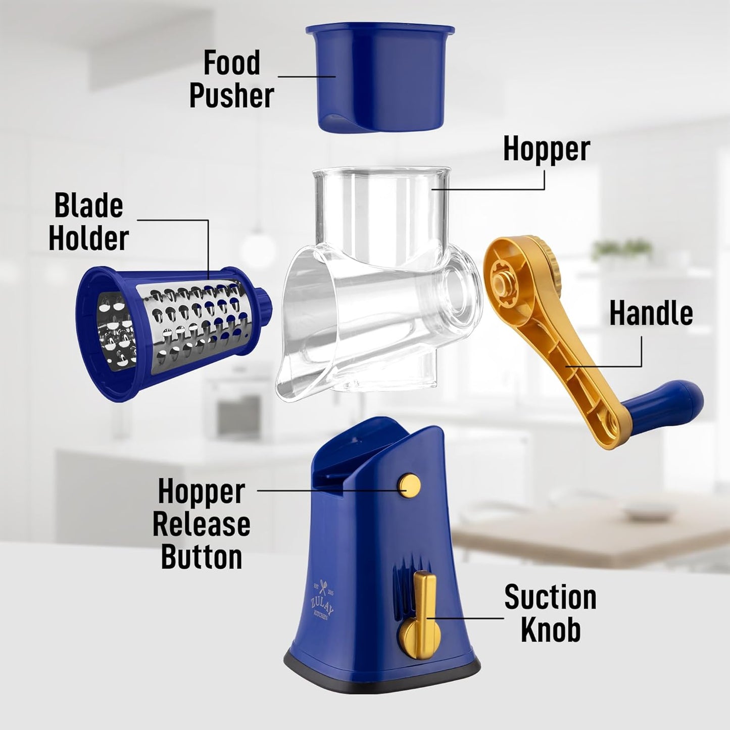 Zulay Kitchen Rotary Cheese Grater 5 Blade Cheese Shredder - Manual Hand Crank Cheese Grater With Reinforced Suction & 5 Interchangeable Drums - Easy to Use, Vegetable Chopper Round Mandoline Slicer - Colors A