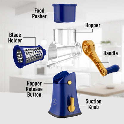 Zulay Kitchen Rotary Cheese Grater 5 Blade Cheese Shredder - Manual Hand Crank Cheese Grater With Reinforced Suction & 5 Interchangeable Drums - Easy to Use, Vegetable Chopper Round Mandoline Slicer - Colors A