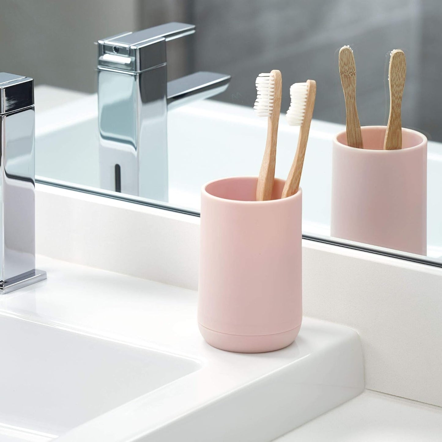 iDesign Cade Collection Toothbrush Holder, 3" x 3" x 4.5", White/Gray | For Normal Toothbrushes, For Spin Brushes, For Toothpaste