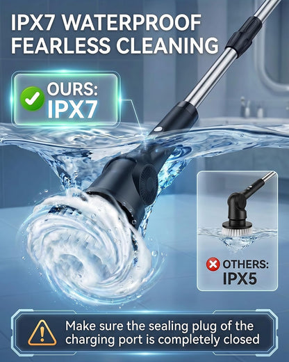 Electric Spin Scrubber, 3-Speed Shower Scrubber with Long Handle & 10 Replaceable Brush Heads, Cordless Full-Body IPX7 Waterproof Shower Cleaner Brush with 90 Mins Runtime for Bathroom
