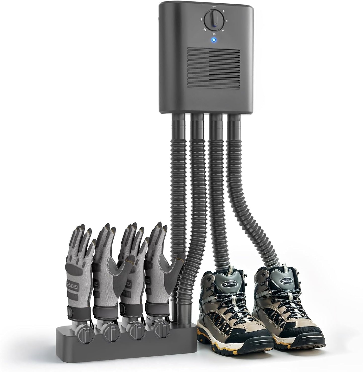 Wall Mount Shoe and Boot Dryer, Black | Glove Attachment, 4 Flexible Tubes, 4 Glove Racks, 180 Min Timer