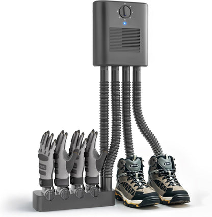 Wall Mount Shoe and Boot Dryer, Black | Glove Attachment, 4 Flexible Tubes, 4 Glove Racks, 180 Min Timer