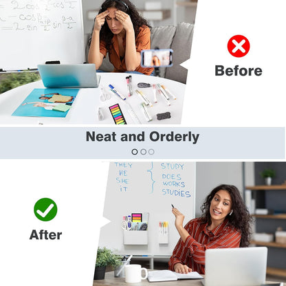 MoKo Magnetic Pen Holder, Pencil Accessories Whiteboard Organizer, White | Magnetic dry erase marker holder has two compartments and an ABS body for whiteboards, refrigerators and lockers.