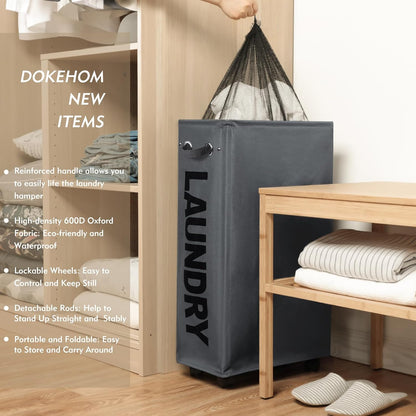 DOKEHOM 25" Slim Rolling Laundry Basket Hamper, Narrow on Wheels, Grey | Collapsible narrow laundry hamper with mesh drawstring closure. Foldable corner clothes storage bin for small spaces