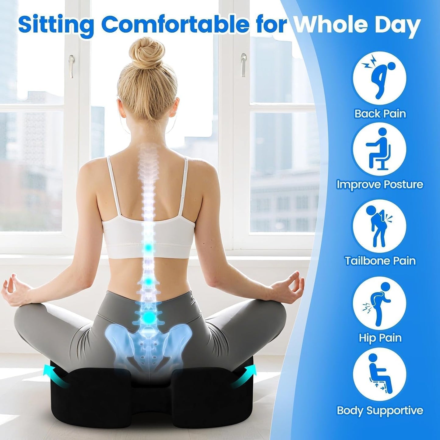 Seat Cushion, Non-Slip Memory Foam Chair Cushion for Taibone, Black/Large | Chair Pillow with Handles for Car Office Chair, Tailbone/Sciatica Easing& Post-Surgery Recovery Chair Cushion