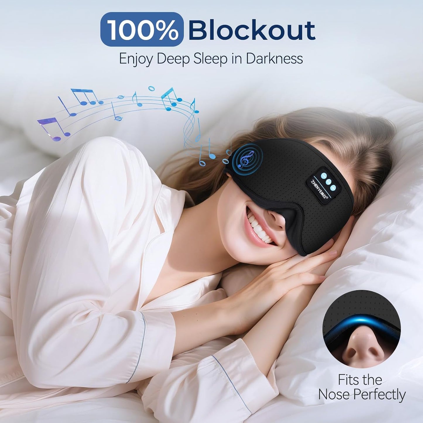 Sleep Eye Mask Bluetooth Headphones - 3D Contoured Zero Pressure Sleeping Masks 100% Blackout Eye Cover Breathable Sleeping Mask for Side Sleepers Wireless Earphone Ear Muff Headband Women Men Gift