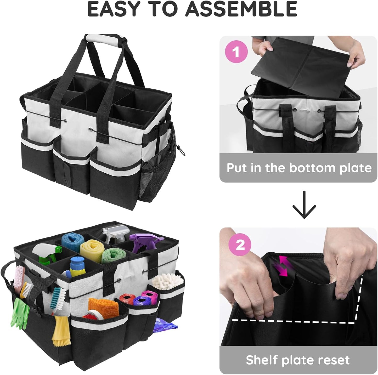 ZKOO Large Cleaning Caddy Bag with Handle, Built-in Sturdy Support Board, Adjustable Shoulder Strap, Multi-compartment Design Cleaning Supply Tote for Cleaners & Housekeepers (Pink)