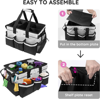ZKOO Large Cleaning Caddy Bag with Handle, Built-in Sturdy Support Board, Adjustable Shoulder Strap, Multi-compartment Design Cleaning Supply Tote for Cleaners & Housekeepers (Pink)