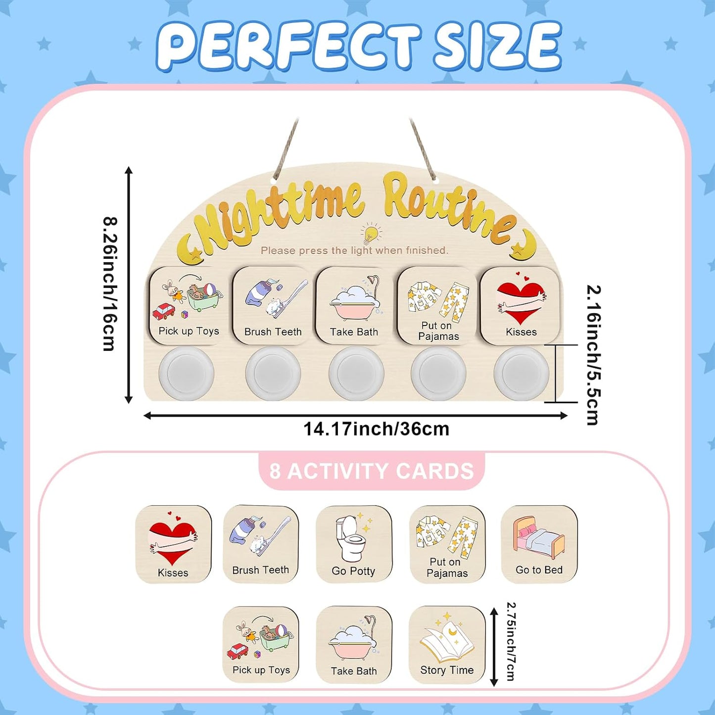 Upgraded Morning Routine Chart for Toddlers, Visual Schedule Chart | to Do List with 5 Tap Lights & 9 Activity Cards, Wooden Schedule Board for Kids, Preschoolers, Autism, ADHD Tools