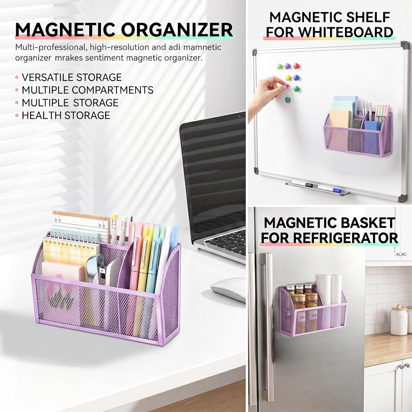 Magnetic Pencil Holder, Magnetic Organizer for Locker Accessories, Black | Mesh Marker Holder with Strong Magnets and 3 Compartments for Whiteboards Refrigerators and Magnetic Lockers