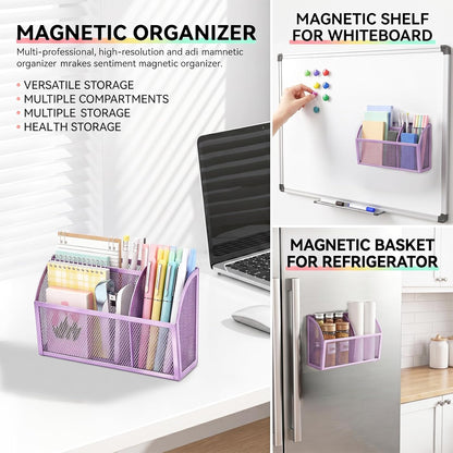 Magnetic Pencil Holder, Magnetic Organizer for Locker Accessories, Black | Mesh Marker Holder with Strong Magnets and 3 Compartments for Whiteboards Refrigerators and Magnetic Lockers