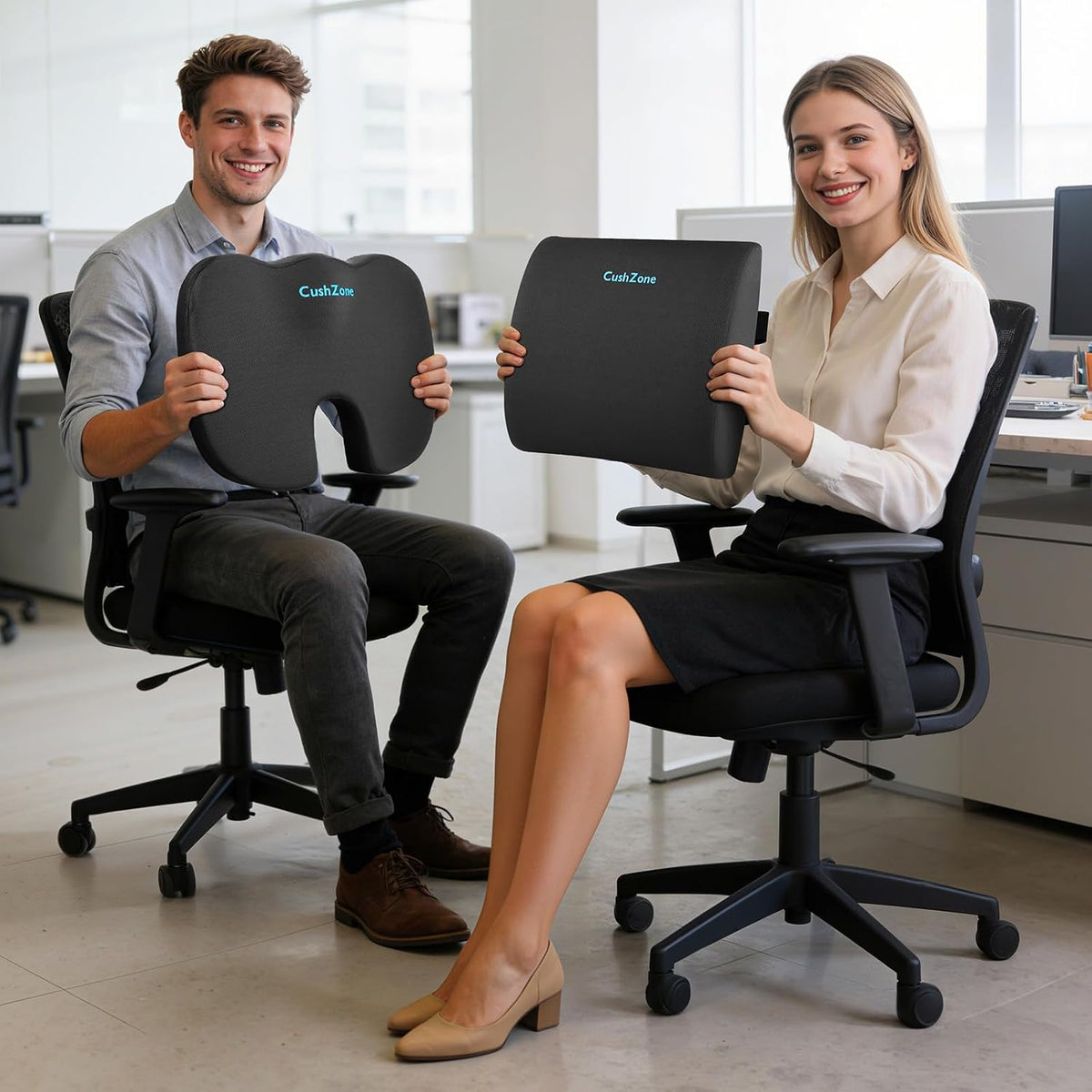 CushZone Seat Cushion and Lumbar Support Pillow for Office Chair, Black