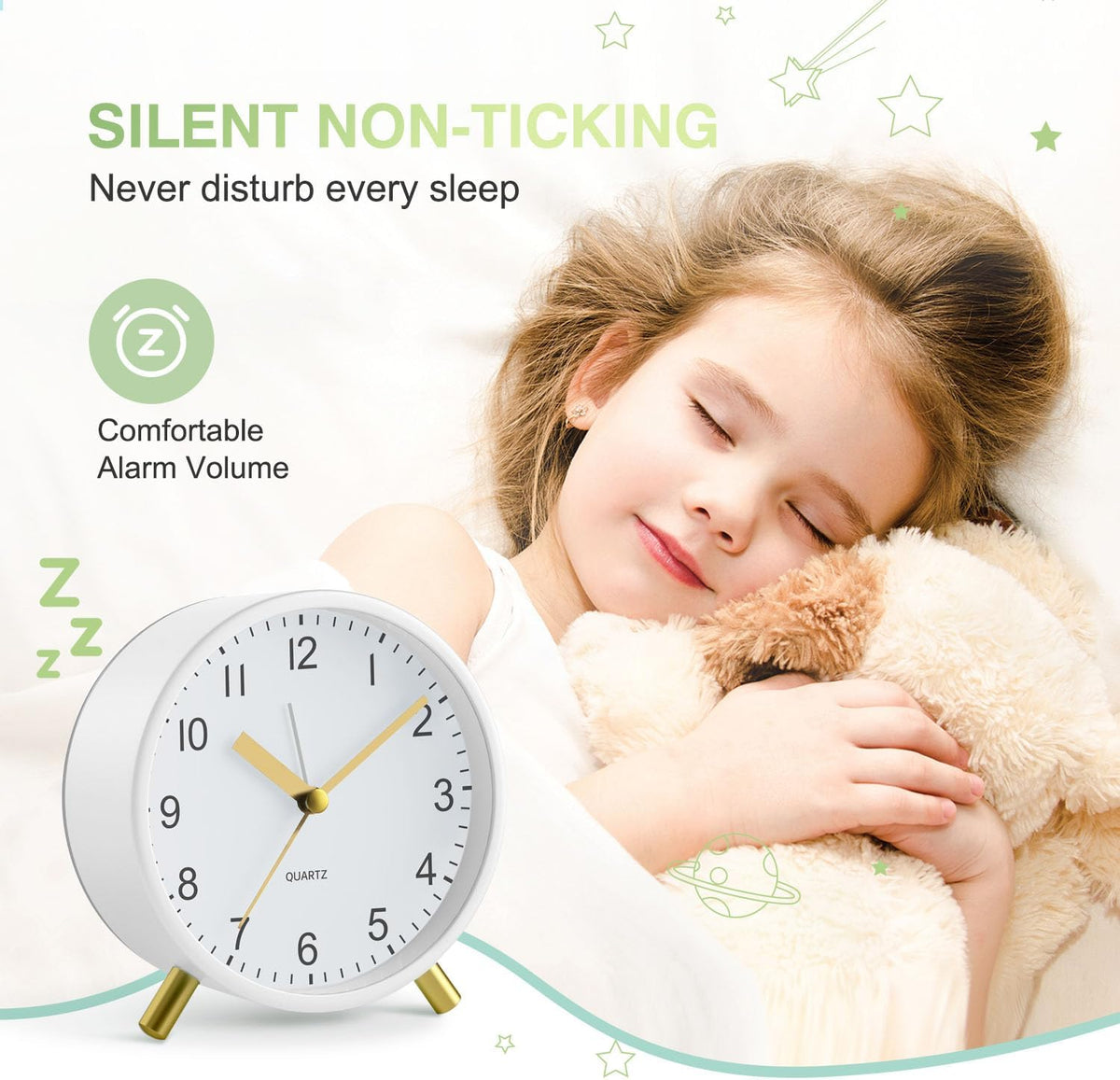 Analog Alarm Clock, Silent Non-Ticking with Night Light, Fashionable Round Metal Alarm Clock for Office, Battery Operated, Bedroom, Elderly, Adults, Children, Student Gifts