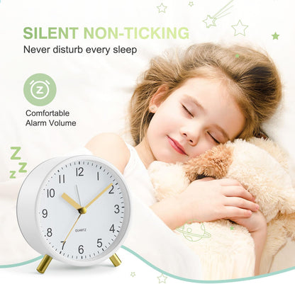 Analog Alarm Clock, Silent Non-Ticking with Night Light, Fashionable Round Metal Alarm Clock for Office, Battery Operated, Bedroom, Elderly, Adults, Children, Student Gifts