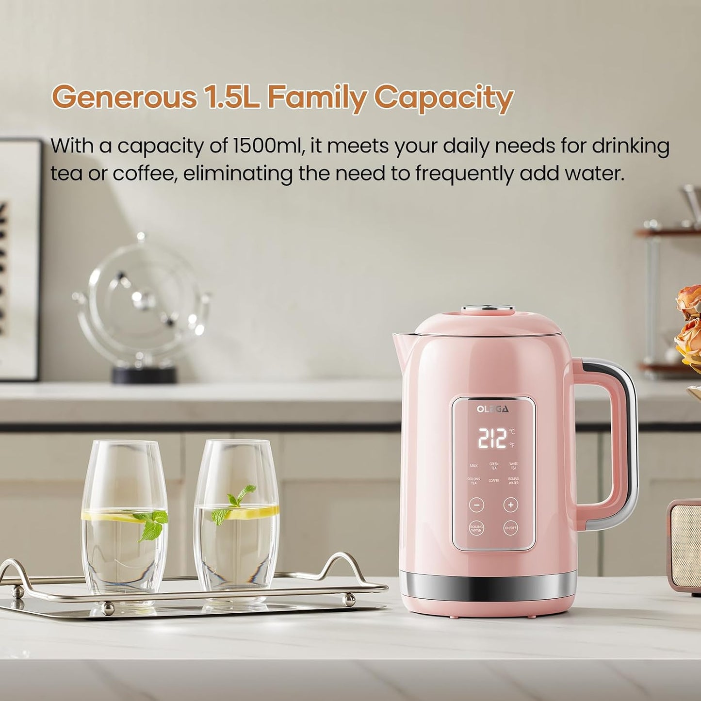 Electric Kettle Temperature Control: OLEGA 1.5L Smart Kettle 1200W | Stainless Steel Hot Water Boiler, 6 Temp Presets, Fast Boiling Electric Tea & Coffee Kettle