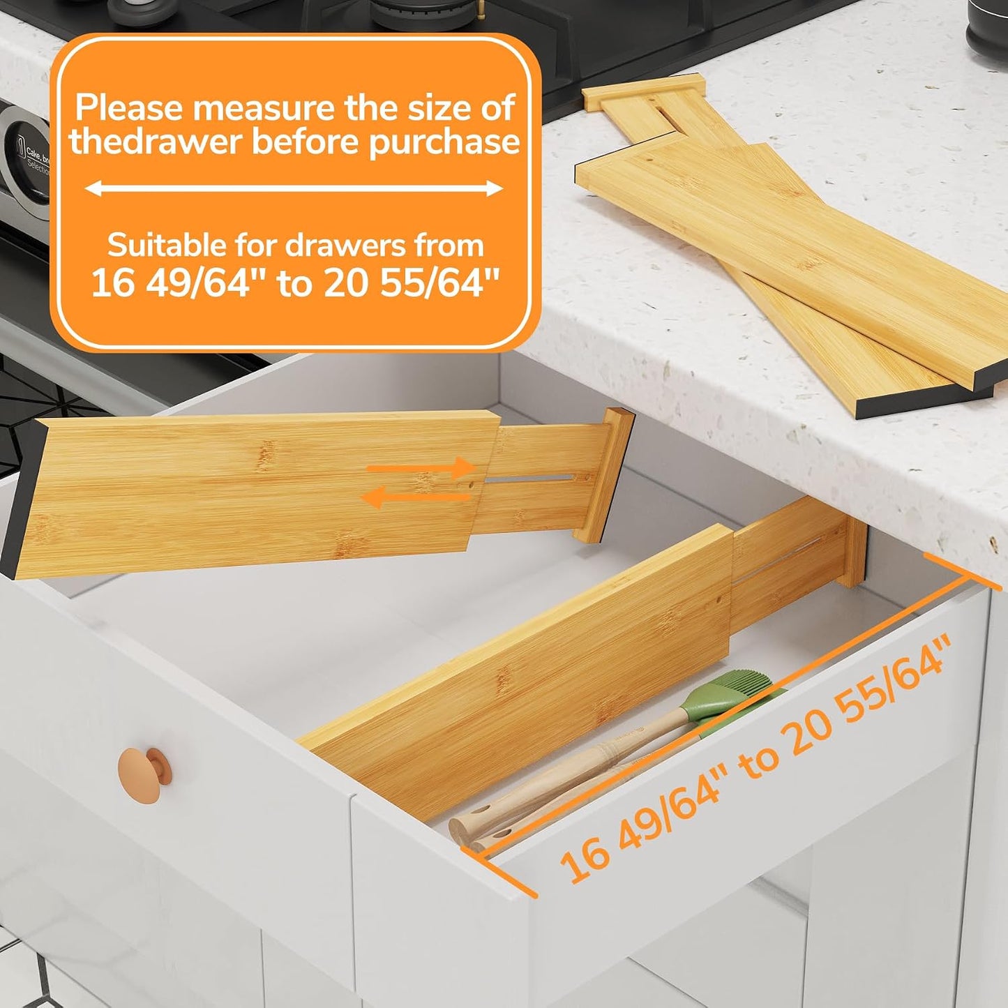 BAMEOS Bamboo Expandable Drawer Dividers – Fits 16.6"–22" Drawers, 2" High, Set of 4 | Spring-Loaded Bamboo Separator for Kitchen Island, Bathroom Vanity & Dresser Drawers