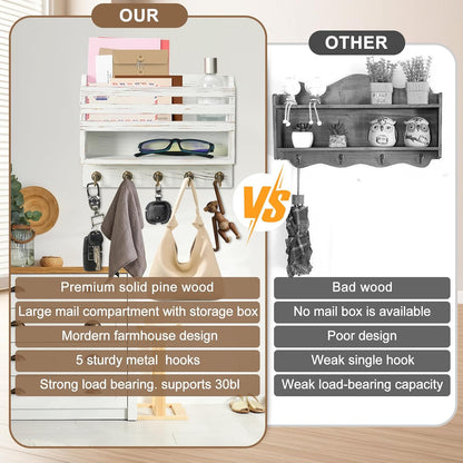 Key Holder Wall Mount with Mail Organizer, 5 Key Hooks, Brown | Wood Mail Organizer Wall Mounted with 5 Key Hooks & Storage Box and Mail Organizer for Entryway, Apartment, Home and Office