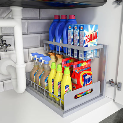 Under Sink Organizer, L-Shaped 2 Tier Pull Out Cabinet Organizer | Slide Out Sink Shelf Cabinet Storage Shelves, Under Sink Storage for Kitchen Bathroom Cabinet, White, 1 Pack