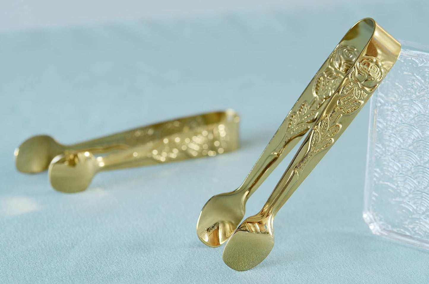 HINMAY 6PCS Mini Serving Tongs 5" Small Rose Appetizer Tongs (Gold) | Tiny Metal Tong for Tea Party, Coffee Bar, Desserts
