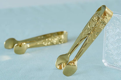 HINMAY 6PCS Mini Serving Tongs 5" Small Rose Appetizer Tongs (Gold) | Tiny Metal Tong for Tea Party, Coffee Bar, Desserts