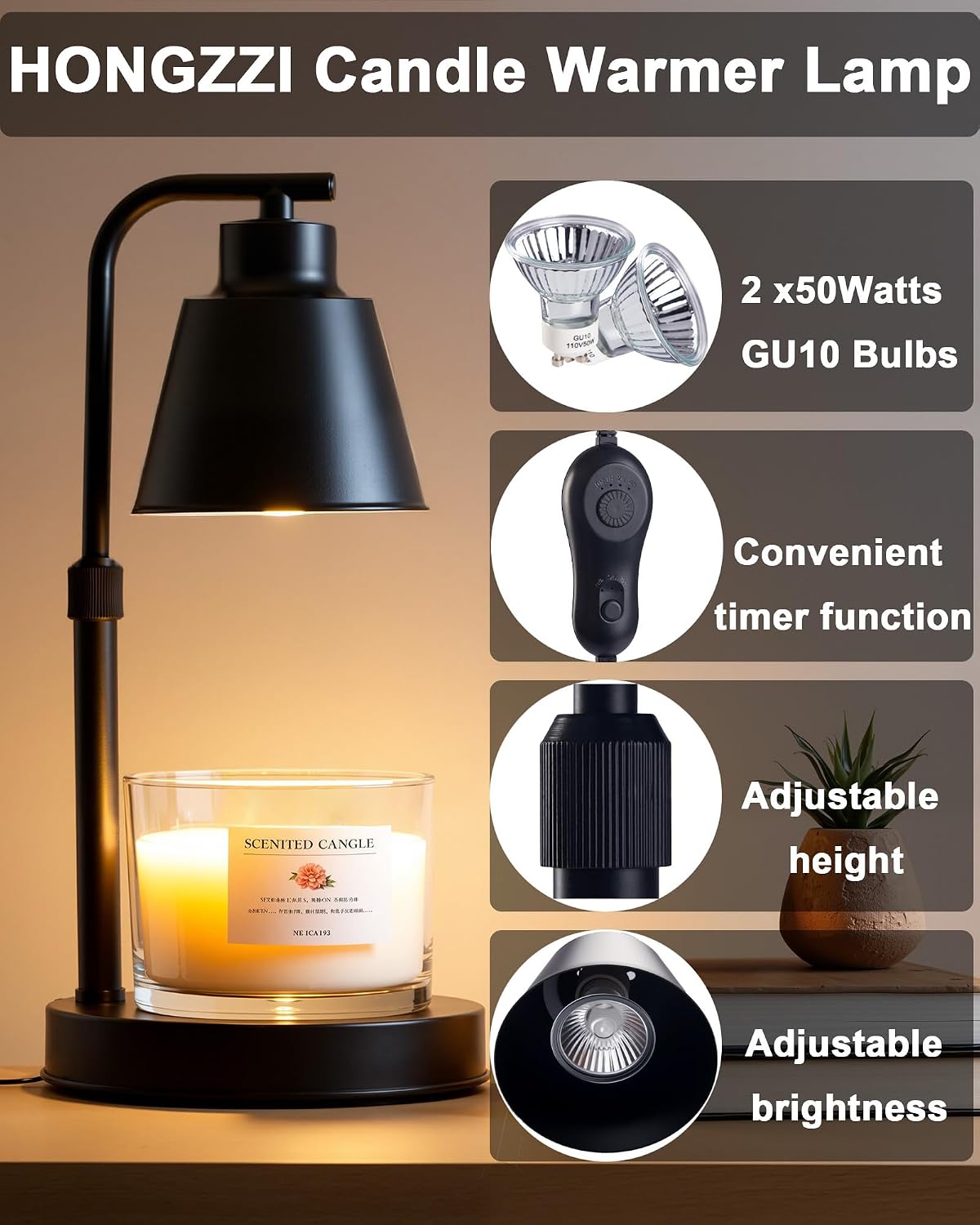 Candle Warmer Lamp with Timer, Dimmable, Adjustable Height, Black
