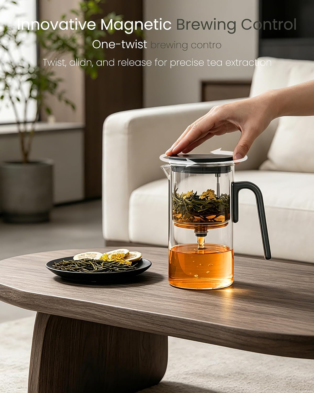 ZENS Magnetic Glass Infuser Teapot for Loose Tea, 27oz Walnut Wood Handle | Magic Teapot with Infuser, Echanted Tea Maker, Mess-Free Loose Leaf Tea Diffusers for Tea lover Gifts