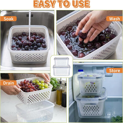 Fruit Storage Containers for Fridge, Grape Containers with Built-In Drain Basket, 2-Pack No-Leak Design, Saves Space, Durable and Easy to Clean, Easy Grab Handle, Keeps Grapes and Berries Fresh