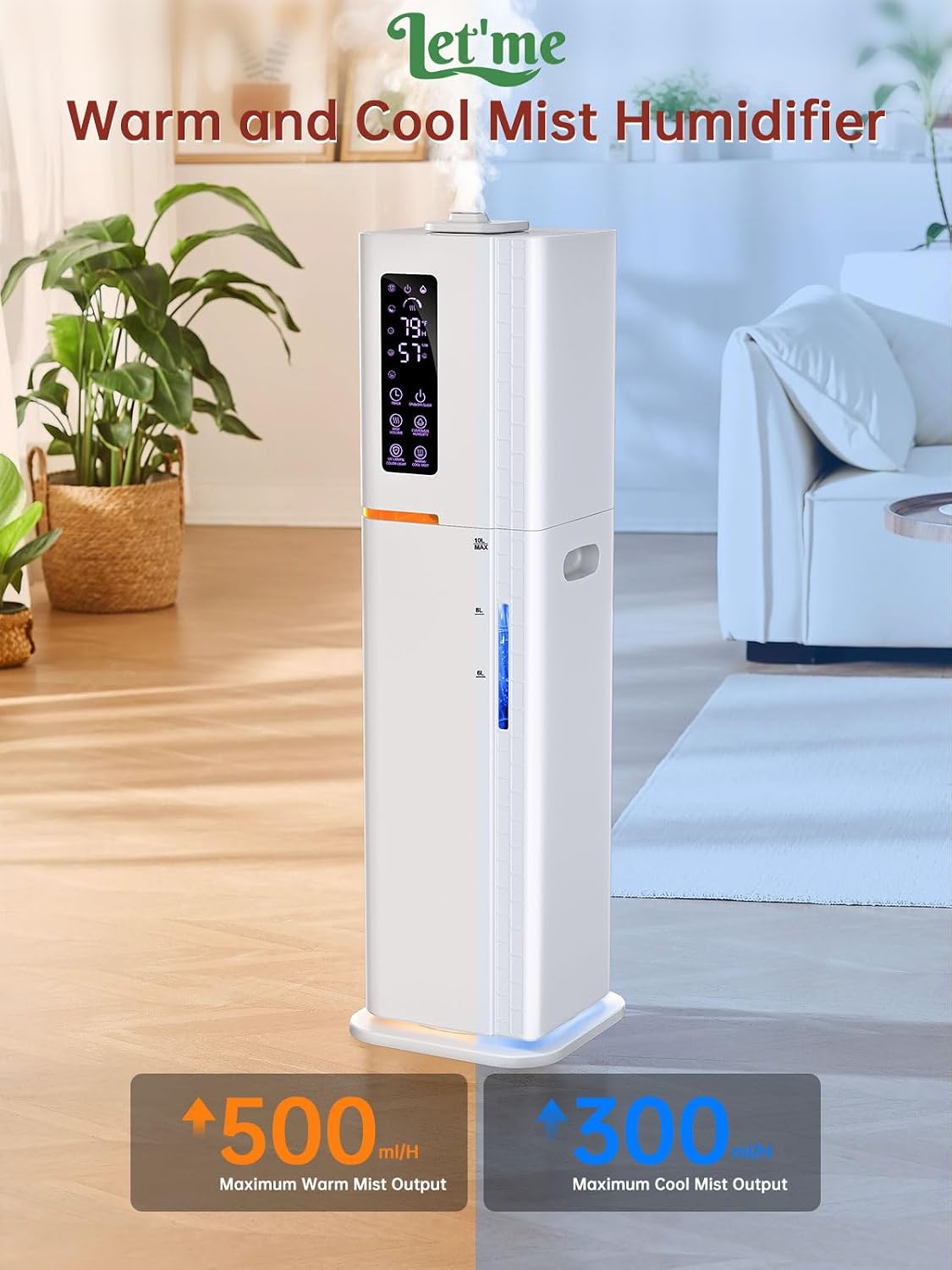 2.64Gal Humidifiers for Bedroom Large Room, Warm and Cool Mist up to 500ft², Top Fill Diffuser Ambient Light, 3 Mist Modes, 24H Timer, 35dB Quiet Humidifier for Home Office Plants