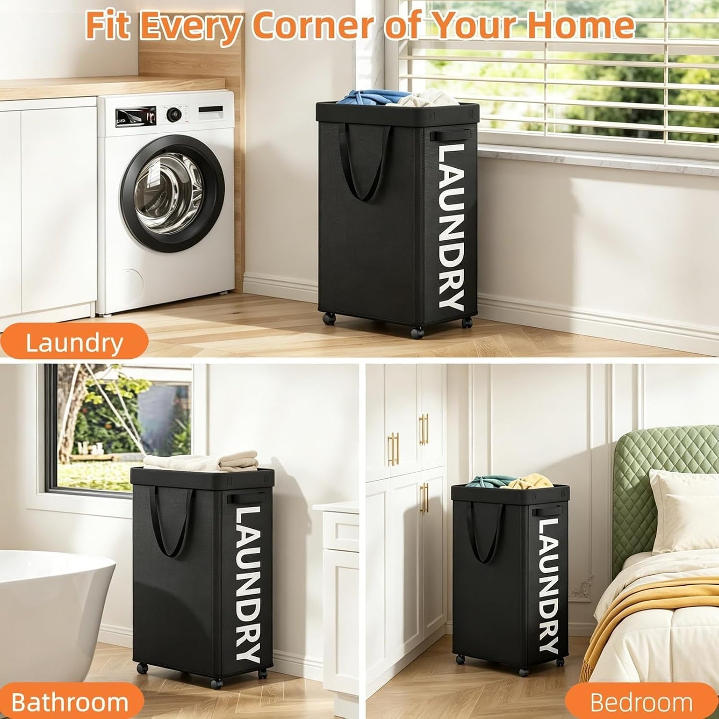 Optish Laundry Basket with Wheels, 90L Rolling Laundry Hamper with Wheels, Large Clothes Hamper on Wheel with Removable Mesh Bag for Bedroom, Dorm Room Essentials, Black