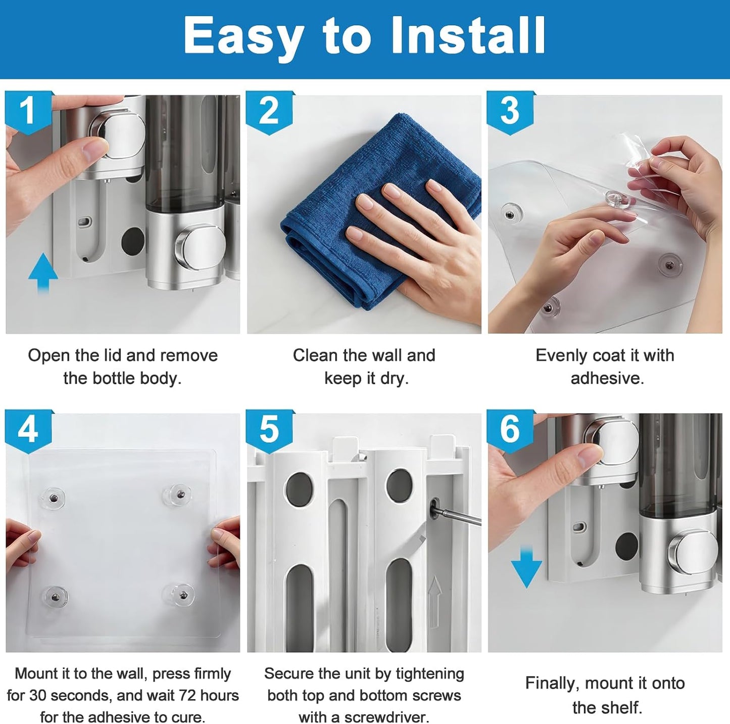 GMISUN Shower Soap Dispenser Wall Mounted with Razor Holder & Loofah Hook, No Drill Design Shampoo and Conditioner Dispenser, Plastic Shower Soap Dispenser Bottles with Labels Set of 3,Satin Silver