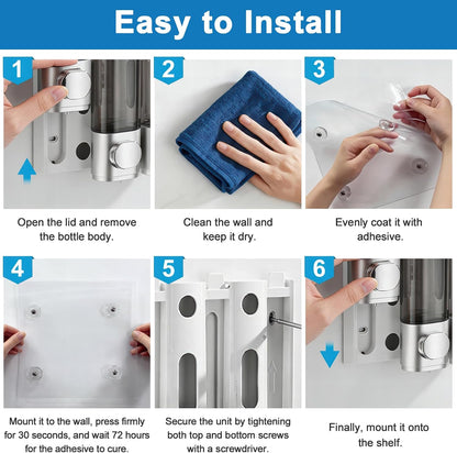 GMISUN Shower Soap Dispenser Wall Mounted with Razor Holder & Loofah Hook, No Drill Design Shampoo and Conditioner Dispenser, Plastic Shower Soap Dispenser Bottles with Labels Set of 3,Satin Silver