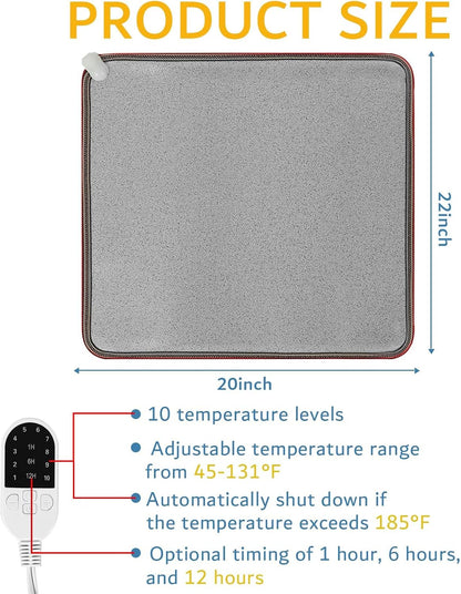 QOUBAI PVC 110V Heated Floor Mat Heater for Foot Warmer Under Desk 22 x 20 Inch Electric Heating Pad Energy Saving Carpet Pad Indoor Floor Heated Rug for Home Office Bathroom House Gray